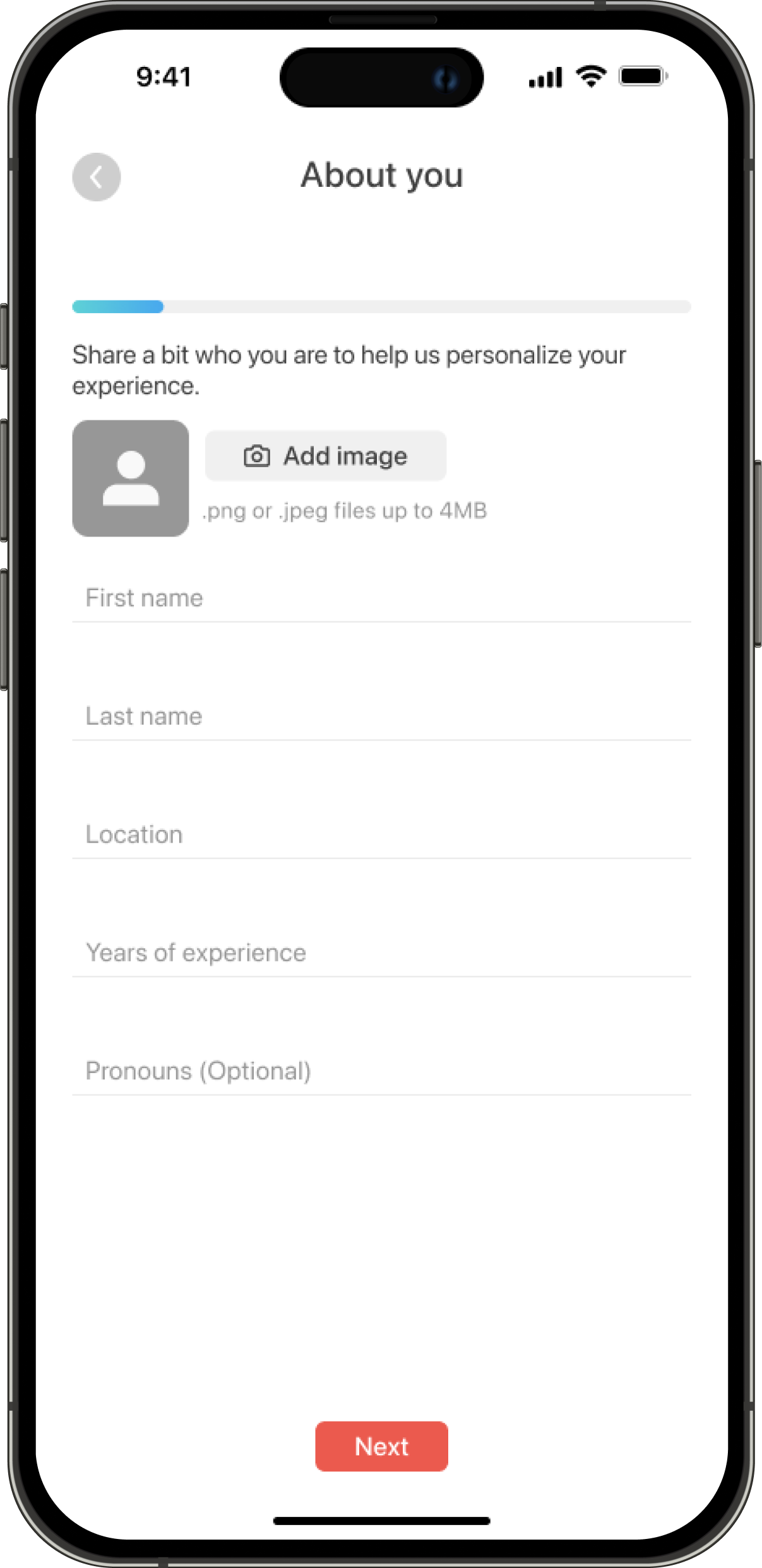 onboarding screen with basic information