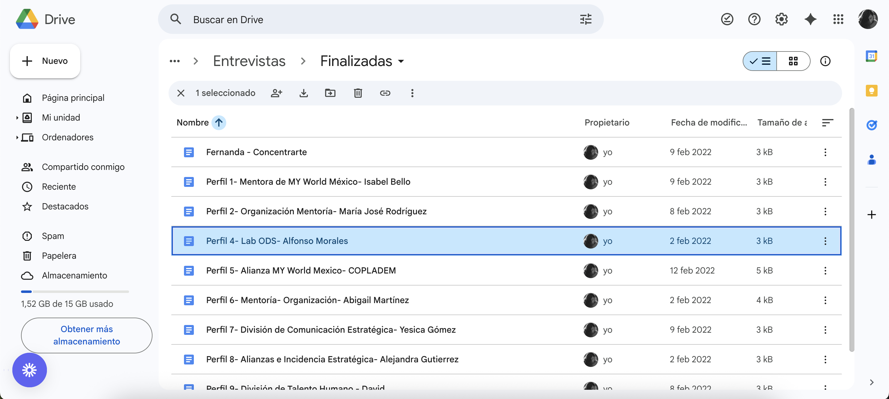 screenshot from google drive of interviews